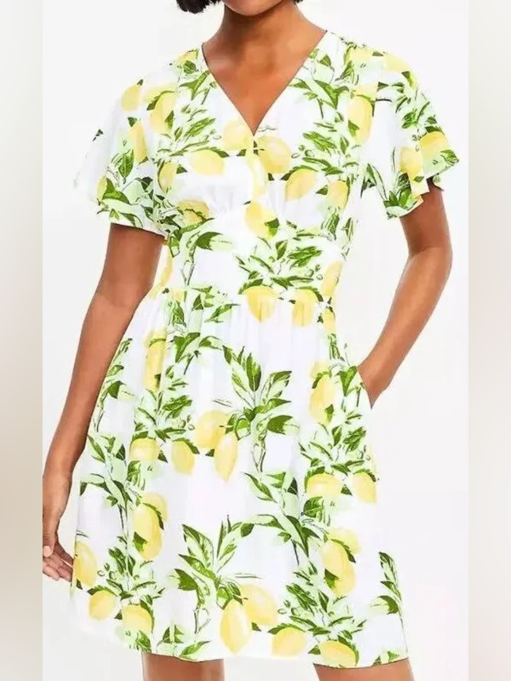 LOFT White Lemon Print V-Neck Sundress with flutter sleeves
